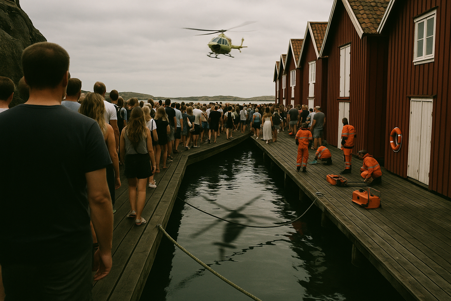 Man falls into water at Smögenbryggan, helicopter lifts victim, summer crowds strain narrow harbour strip